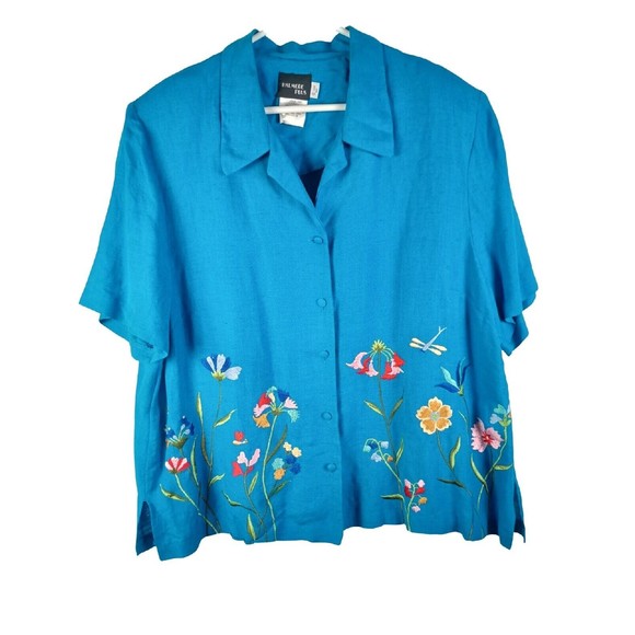 Halmore Plus Women's Sz 20W Blue Linen Blend Shirt Floral Embroidered Blouse - Picture 1 of 15